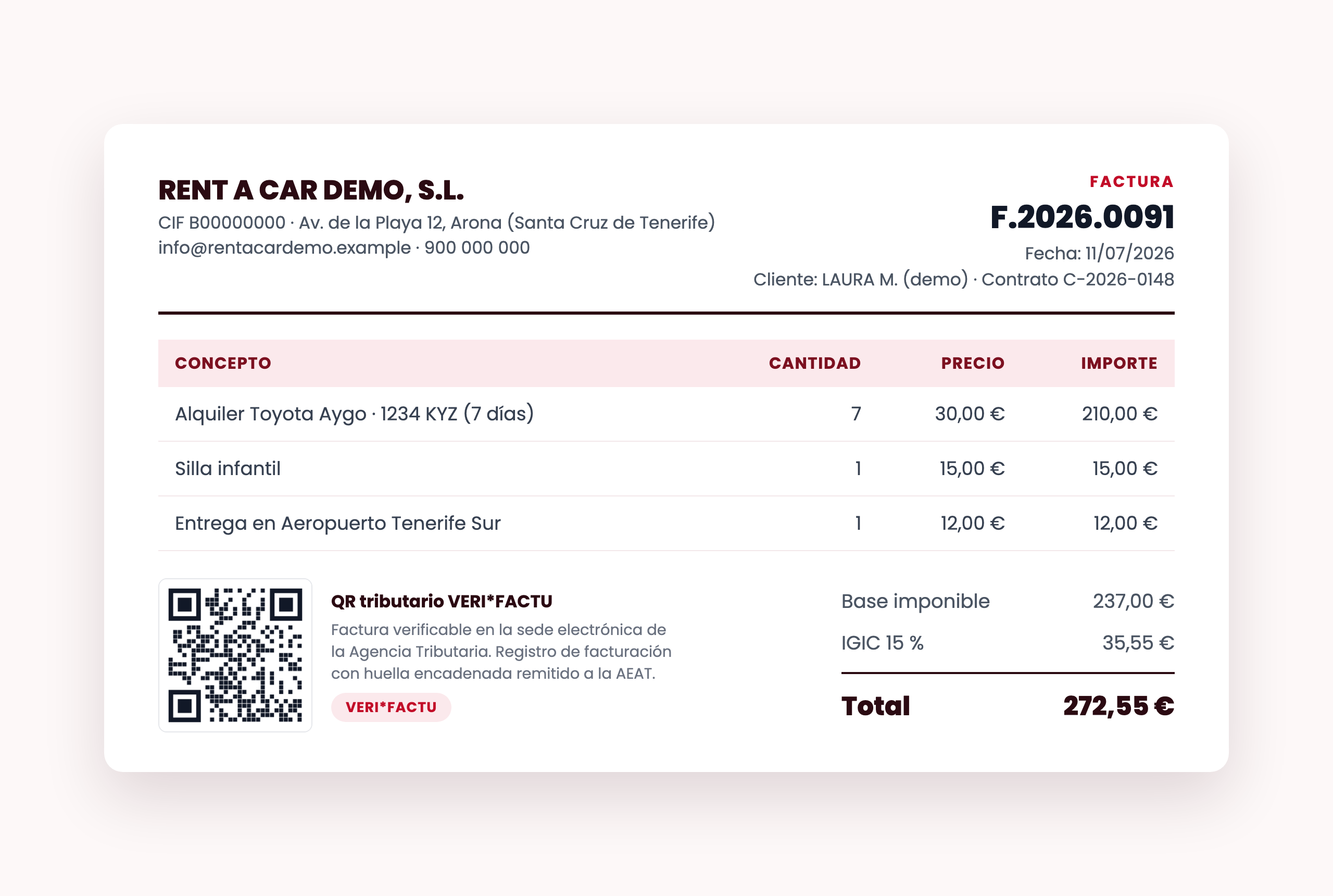 Factura VERI*FACTU de un alquiler de vehículo con QR tributario e IGIC del 15 por ciento